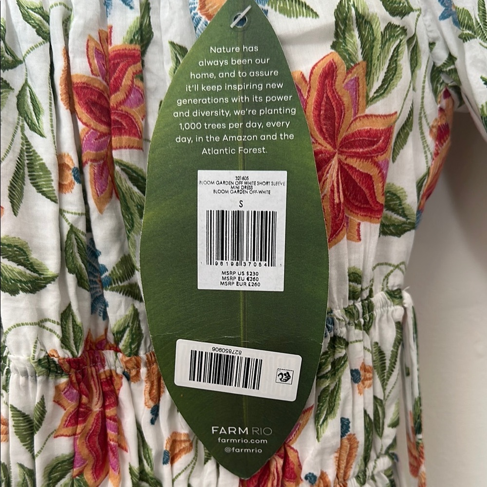 FARM Rio White Floral Puff-Sleeve Mini Dress with Pink & Green Accents - Picture 3 of 8